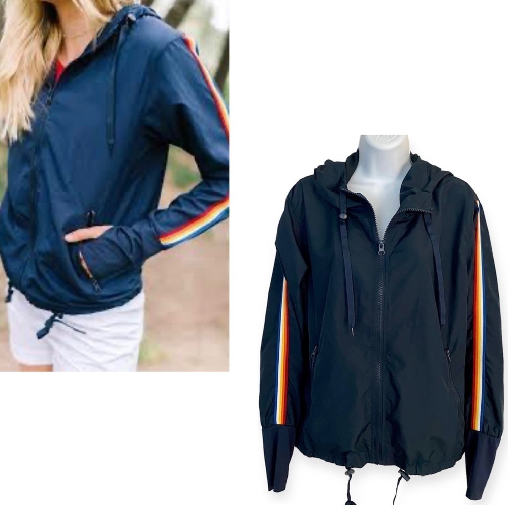 Zyia Navy Bomber Hooded Jacket Medium Rainbow Sleeve Thumb Hole Windbreaker